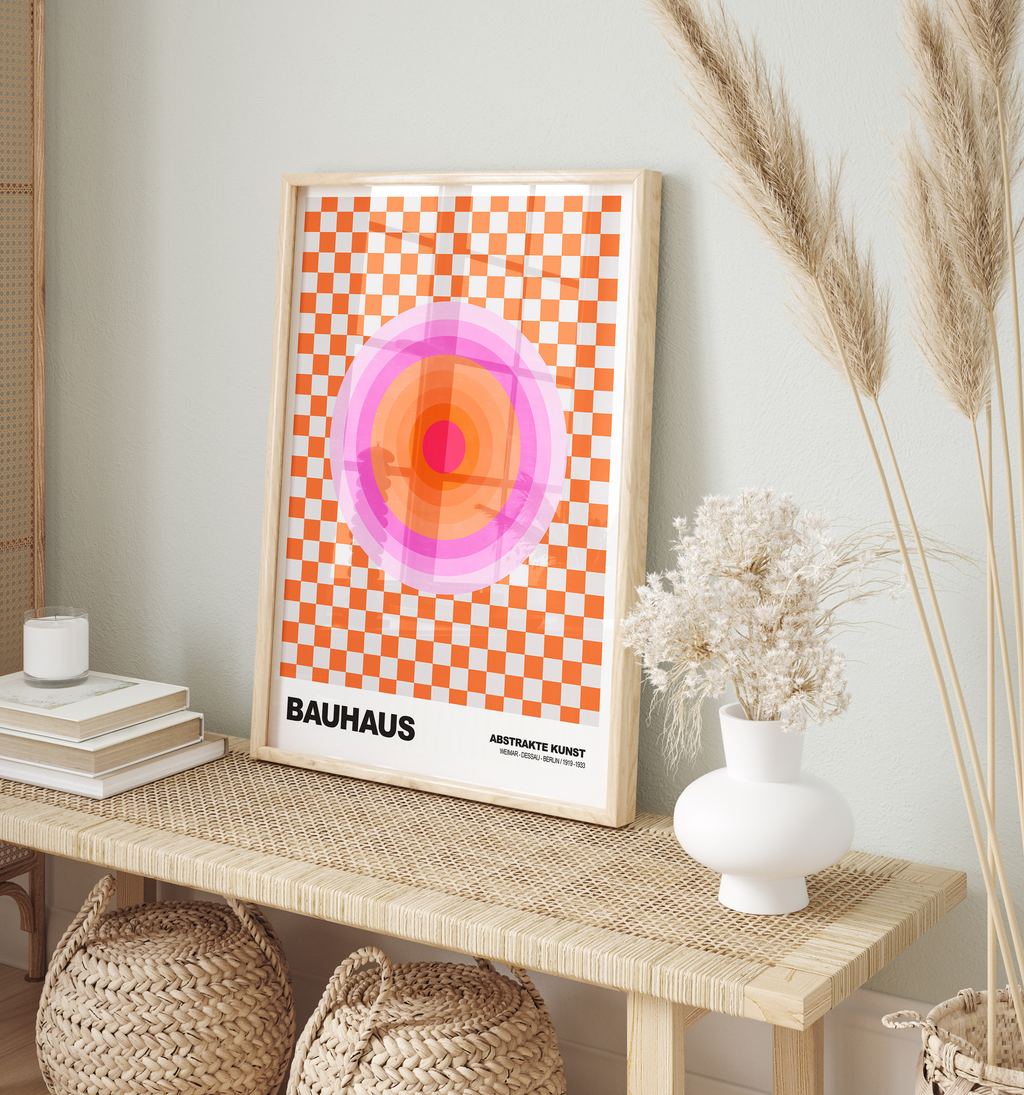 Poster Bauhaus Abstrakte Kunst · Pink Orange Kreis auf Schachbrett Muster · Modernes Retro Design Wandbild · Deko Print ohne Rahmen