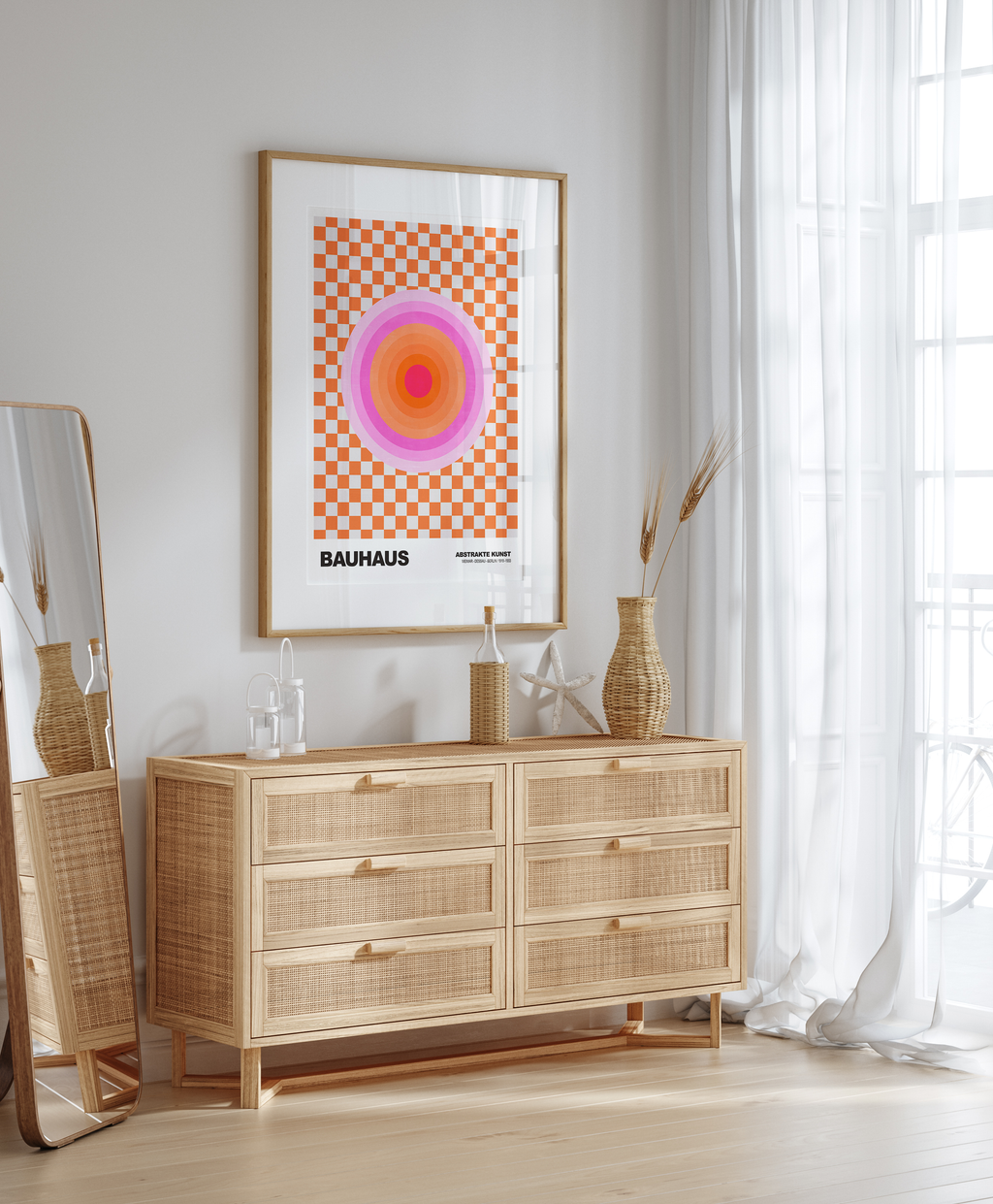 Poster Bauhaus Abstrakte Kunst · Pink Orange Kreis auf Schachbrett Muster · Modernes Retro Design Wandbild · Deko Print ohne Rahmen