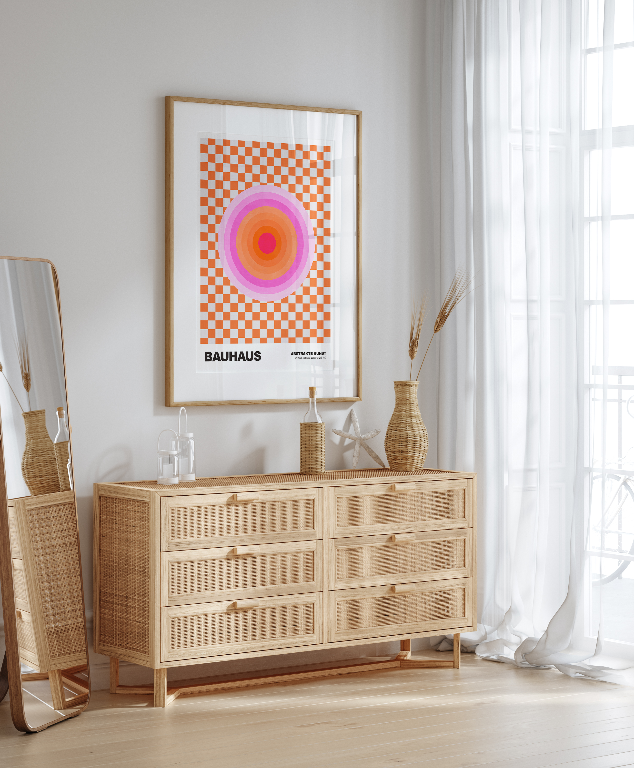 Poster Bauhaus Abstrakte Kunst · Pink Orange Kreis auf Schachbrett Muster · Modernes Retro Design Wandbild · Deko Print ohne Rahmen