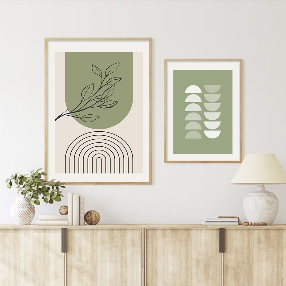 Poster Blätter Boho Geometrische Formen Grün | Bilder Wohnzimmer | Wandbilder Schlafzimmer | Deko Print ohne Rahmen | Bilder Set Kunstdruck