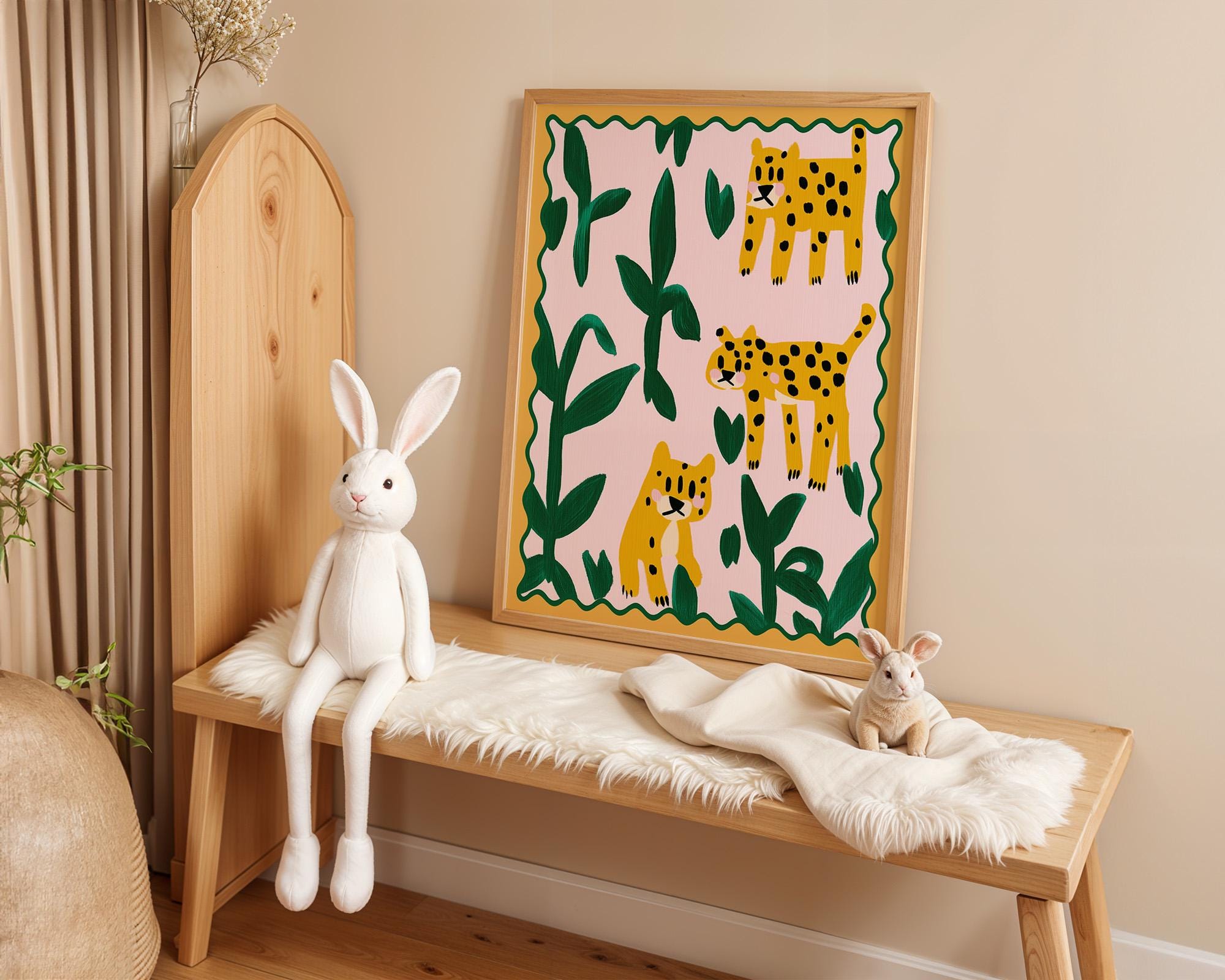 Poster Kinderzimmer Leoparden · Tierposter mit Dschungelpflanzen · Bunte Safari Wanddeko für Kinderzimmer · Dekoprint ohne Rahmen