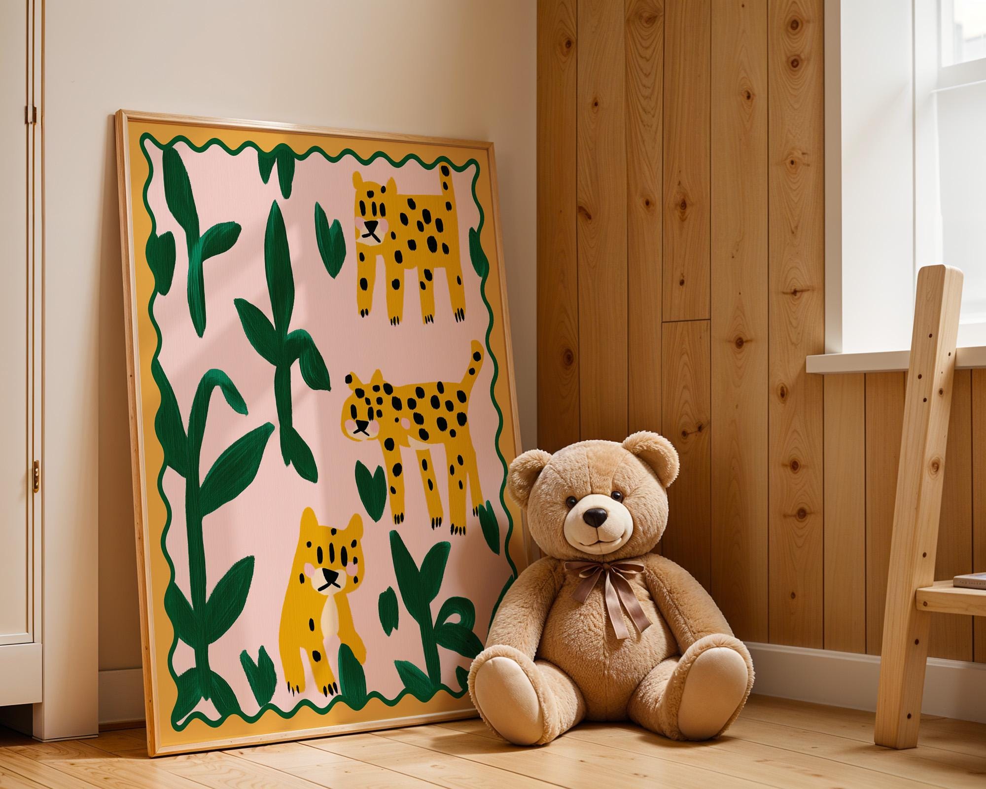 Poster Kinderzimmer Leoparden · Tierposter mit Dschungelpflanzen · Bunte Safari Wanddeko für Kinderzimmer · Dekoprint ohne Rahmen