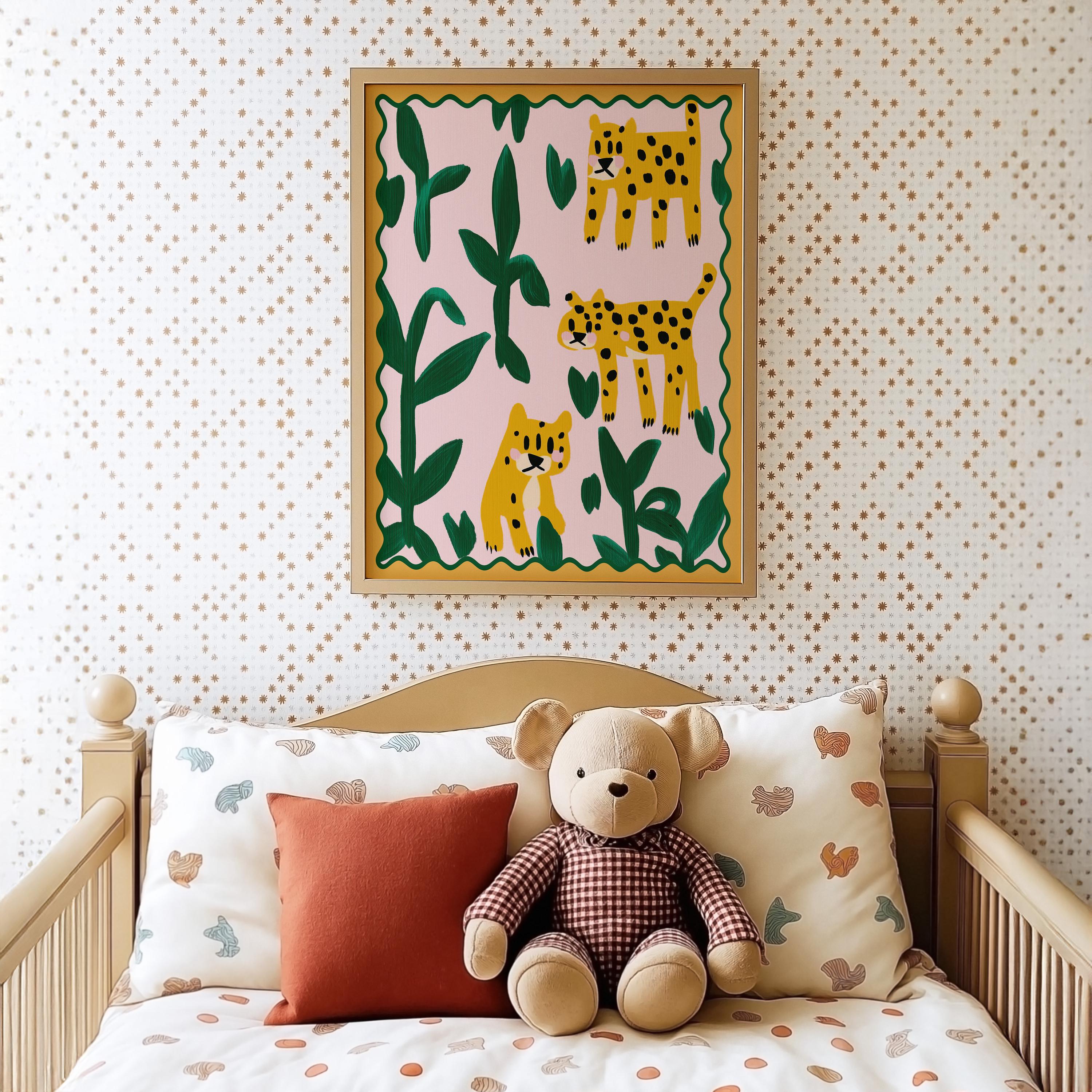 Poster Kinderzimmer Leoparden · Tierposter mit Dschungelpflanzen · Bunte Safari Wanddeko für Kinderzimmer · Dekoprint ohne Rahmen